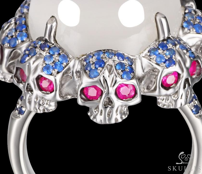 Circle of Fate - Gem Skull Ring of Moonstone Hand Carved with Ruby Eyes Skulls in 925 Sterling Silver, Crystal Healing Skull Jewelry, for Women & Men Circle of Fate - Gem Skull Ring of Moonstone Hand Carved with Ruby Eyes Skulls in 925 Sterling Silver, Crystal Healing Skull Jewelry, for Women & Men