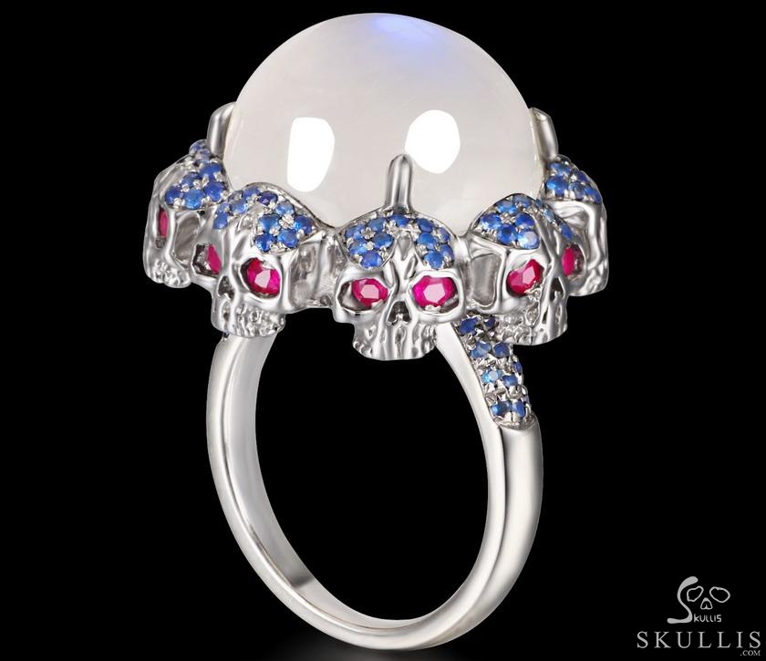 Circle of Fate - Gem Skull Ring of Moonstone Hand Carved with Ruby Eyes Skulls in 925 Sterling Silver, Crystal Healing Skull Jewelry, for Women & Men Circle of Fate - Gem Skull Ring of Moonstone Hand Carved with Ruby Eyes Skulls in 925 Sterling Silver, Crystal Healing Skull Jewelry, for Women & Men