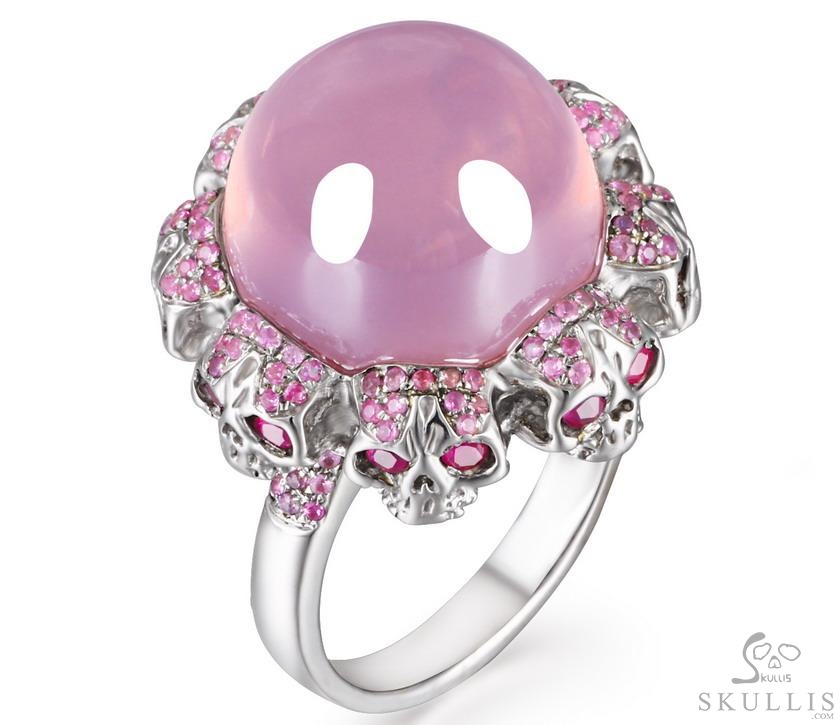 Circle of Fate - Gem Skull Ring of Rose Quartz Hand Carved with Ruby Eyes Skulls in 925 Sterling Silver, Crystal Healing Skull Jewelry, for Women & Men Circle of Fate - Gem Skull Ring of Rose Quartz Hand Carved with Ruby Eyes Skulls in 925 Sterling Silver, Crystal Healing Skull Jewelry, for Women & Men