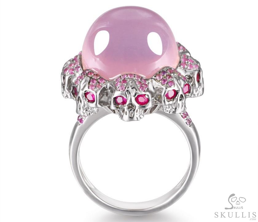Circle of Fate - Gem Skull Ring of Rose Quartz Hand Carved with Ruby Eyes Skulls in 925 Sterling Silver, Crystal Healing Skull Jewelry, for Women & Men Circle of Fate - Gem Skull Ring of Rose Quartz Hand Carved with Ruby Eyes Skulls in 925 Sterling Silver, Crystal Healing Skull Jewelry, for Women & Men
