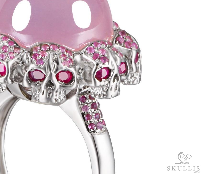 Circle of Fate - Gem Skull Ring of Rose Quartz Hand Carved with Ruby Eyes Skulls in 925 Sterling Silver, Crystal Healing Skull Jewelry, for Women & Men Circle of Fate - Gem Skull Ring of Rose Quartz Hand Carved with Ruby Eyes Skulls in 925 Sterling Silver, Crystal Healing Skull Jewelry, for Women & Men