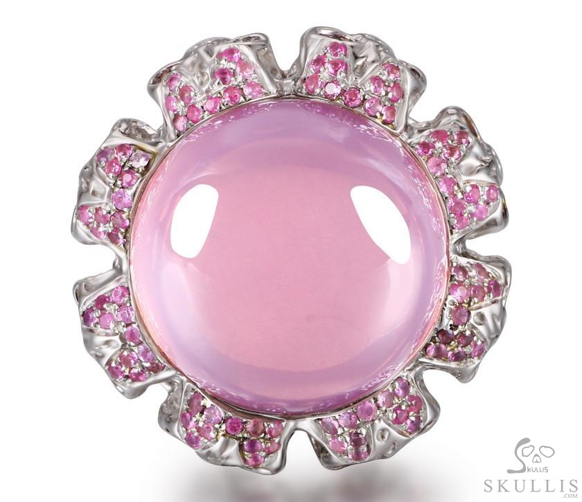 Circle of Fate - Gem Skull Ring of Rose Quartz Hand Carved with Ruby Eyes Skulls in 925 Sterling Silver, Crystal Healing Skull Jewelry, for Women & Men Circle of Fate - Gem Skull Ring of Rose Quartz Hand Carved with Ruby Eyes Skulls in 925 Sterling Silver, Crystal Healing Skull Jewelry, for Women & Men