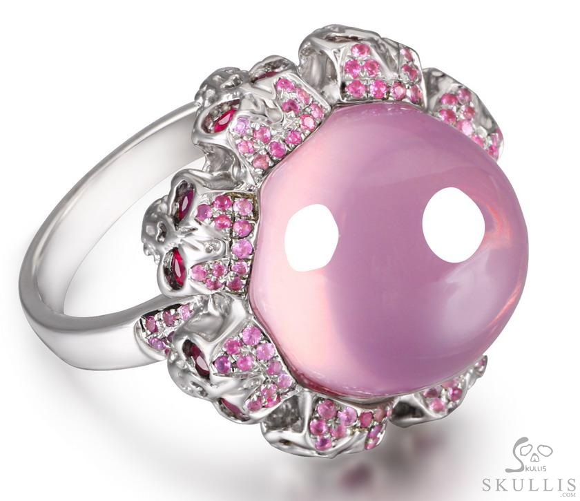 Circle of Fate - Gem Skull Ring of Rose Quartz Hand Carved with Ruby Eyes Skulls in 925 Sterling Silver, Crystal Healing Skull Jewelry, for Women & Men Circle of Fate - Gem Skull Ring of Rose Quartz Hand Carved with Ruby Eyes Skulls in 925 Sterling Silver, Crystal Healing Skull Jewelry, for Women & Men