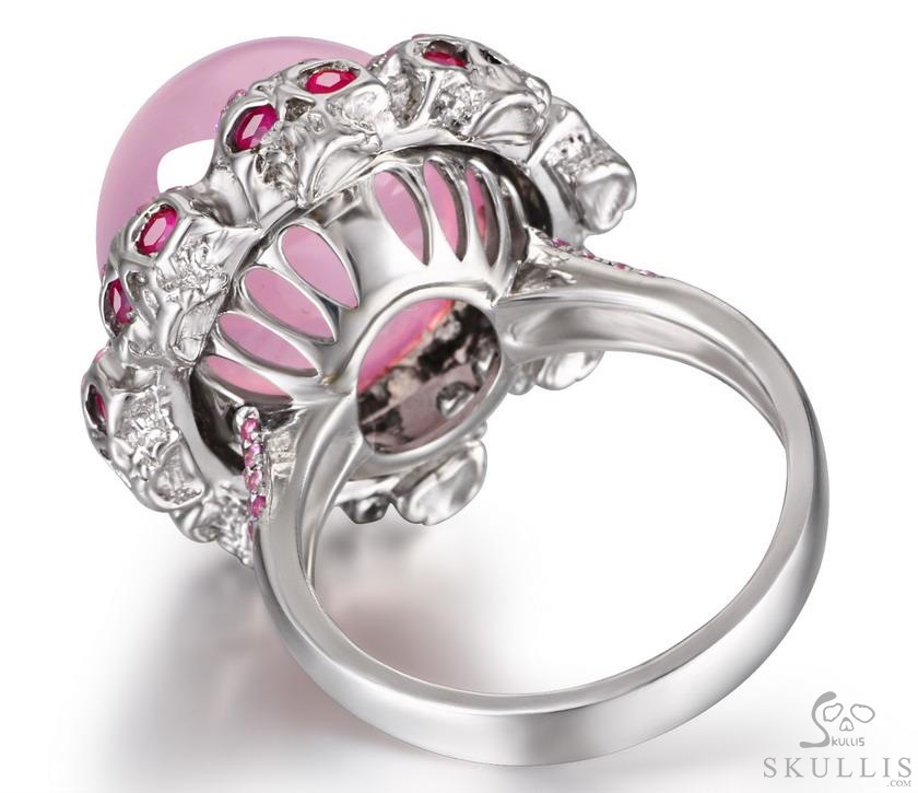 Circle of Fate - Gem Skull Ring of Rose Quartz Hand Carved with Ruby Eyes Skulls in 925 Sterling Silver, Crystal Healing Skull Jewelry, for Women & Men Circle of Fate - Gem Skull Ring of Rose Quartz Hand Carved with Ruby Eyes Skulls in 925 Sterling Silver, Crystal Healing Skull Jewelry, for Women & Men