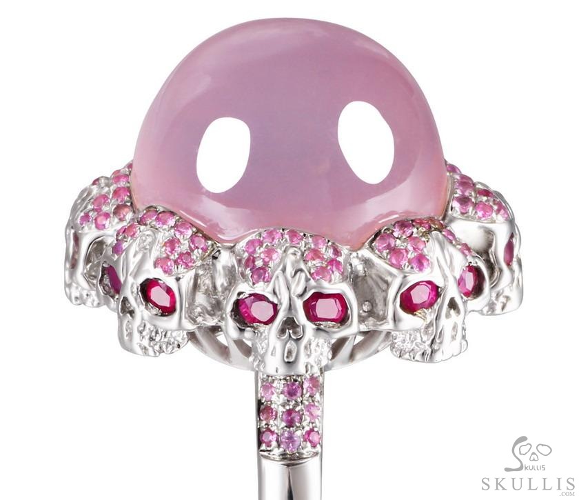 Circle of Fate - Gem Skull Ring of Rose Quartz Hand Carved with Ruby Eyes Skulls in 925 Sterling Silver, Crystal Healing Skull Jewelry, for Women & Men Circle of Fate - Gem Skull Ring of Rose Quartz Hand Carved with Ruby Eyes Skulls in 925 Sterling Silver, Crystal Healing Skull Jewelry, for Women & Men