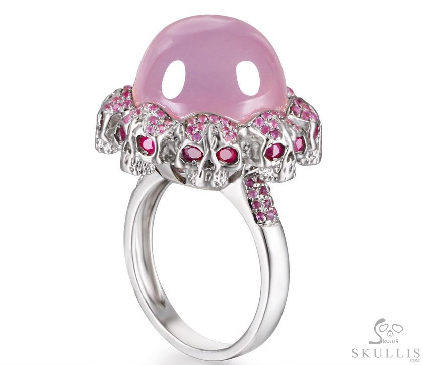 Circle of Fate - Gem Skull Ring of Rose Quartz Hand Carved with Ruby Eyes Skulls in 925 Sterling Silver, Crystal Healing Skull Jewelry, for Women & Men Circle of Fate - Gem Skull Ring of Rose Quartz Hand Carved with Ruby Eyes Skulls in 925 Sterling Silver, Crystal Healing Skull Jewelry, for Women & Men