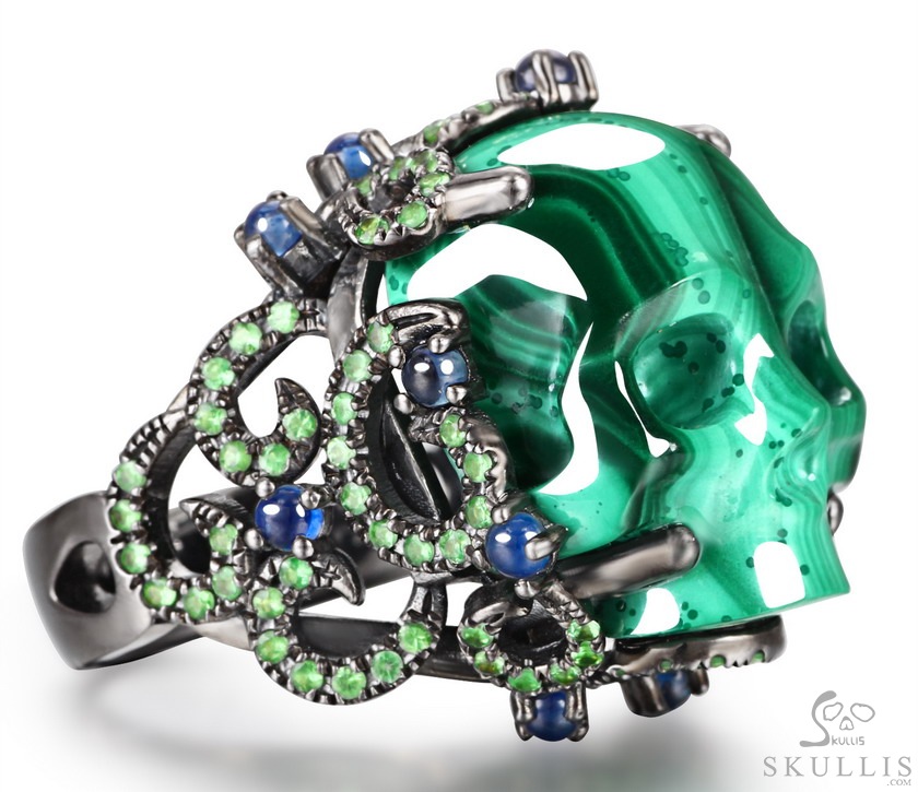 The Oasis Scroll - Malachite Hand Carved Crystal Skull Ring with Sapphire & Tsavorite, Crystal Healing Skull Jewelry, for Women & Men The Oasis Scroll - Malachite Hand Carved Crystal Skull Ring with Sapphire & Tsavorite, Crystal Healing Skull Jewelry, for Women & Men