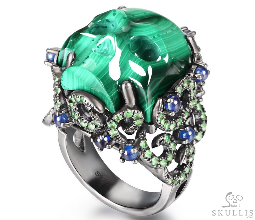 The Oasis Scroll - Malachite Hand Carved Crystal Skull Ring with Sapphire & Tsavorite, Crystal Healing Skull Jewelry, for Women & Men The Oasis Scroll - Malachite Hand Carved Crystal Skull Ring with Sapphire & Tsavorite, Crystal Healing Skull Jewelry, for Women & Men