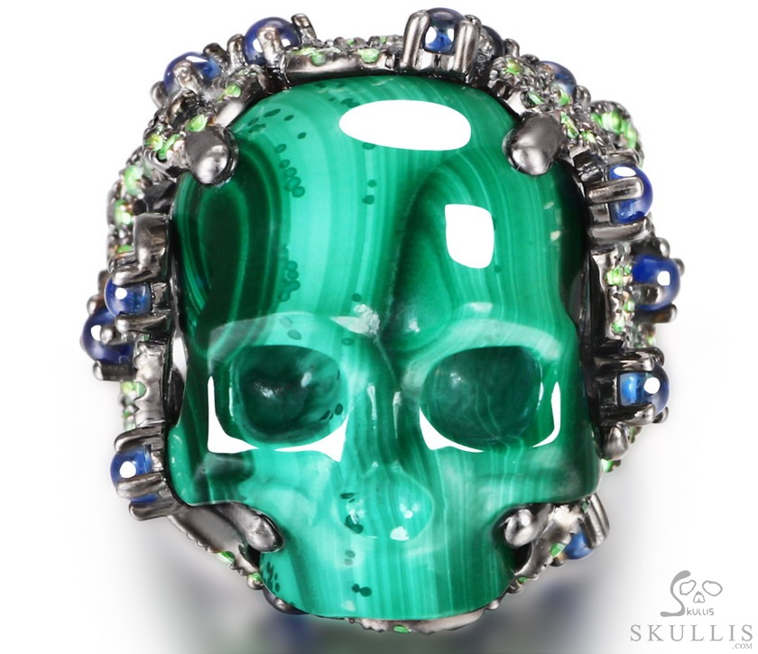 The Oasis Scroll - Malachite Hand Carved Crystal Skull Ring with Sapphire & Tsavorite, Crystal Healing Skull Jewelry, for Women & Men The Oasis Scroll - Malachite Hand Carved Crystal Skull Ring with Sapphire & Tsavorite, Crystal Healing Skull Jewelry, for Women & Men