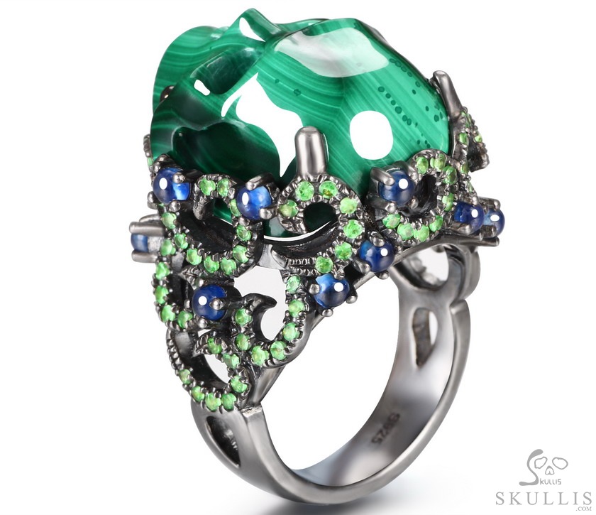 The Oasis Scroll - Malachite Hand Carved Crystal Skull Ring with Sapphire & Tsavorite, Crystal Healing Skull Jewelry, for Women & Men The Oasis Scroll - Malachite Hand Carved Crystal Skull Ring with Sapphire & Tsavorite, Crystal Healing Skull Jewelry, for Women & Men