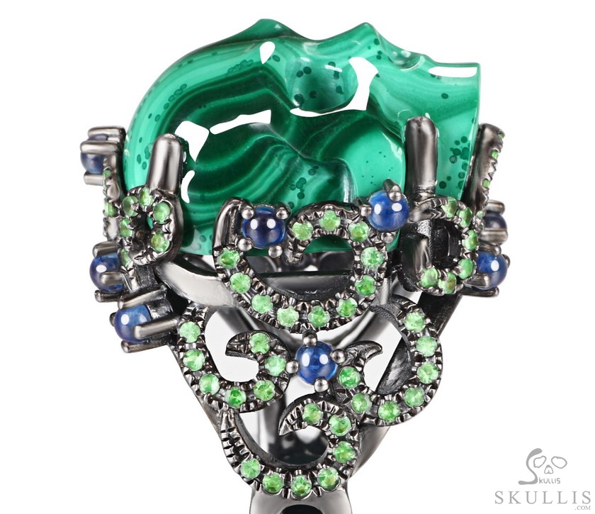 The Oasis Scroll - Malachite Hand Carved Crystal Skull Ring with Sapphire & Tsavorite, Crystal Healing Skull Jewelry, for Women & Men The Oasis Scroll - Malachite Hand Carved Crystal Skull Ring with Sapphire & Tsavorite, Crystal Healing Skull Jewelry, for Women & Men