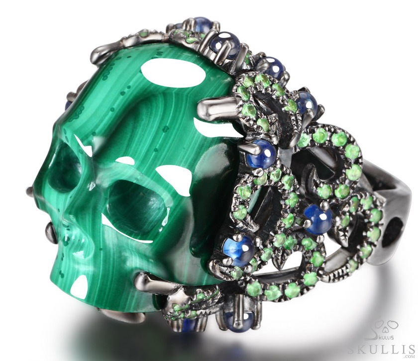 The Oasis Scroll - Malachite Hand Carved Crystal Skull Ring with Sapphire & Tsavorite, Crystal Healing Skull Jewelry, for Women & Men The Oasis Scroll - Malachite Hand Carved Crystal Skull Ring with Sapphire & Tsavorite, Crystal Healing Skull Jewelry, for Women & Men