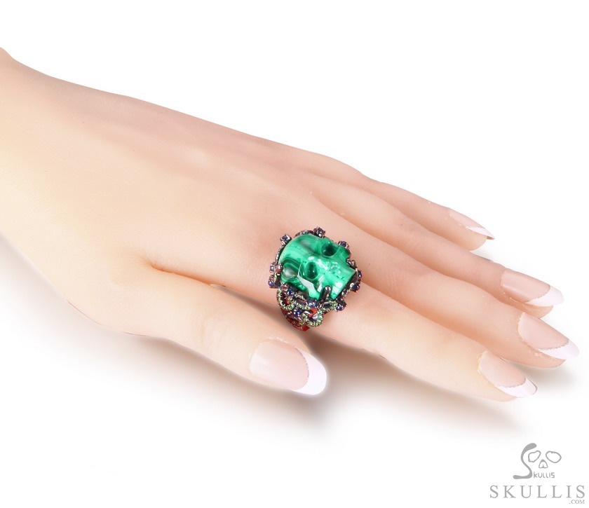 The Oasis Scroll - Malachite Hand Carved Crystal Skull Ring with Sapphire & Tsavorite, Crystal Healing Skull Jewelry, for Women & Men The Oasis Scroll - Malachite Hand Carved Crystal Skull Ring with Sapphire & Tsavorite, Crystal Healing Skull Jewelry, for Women & Men