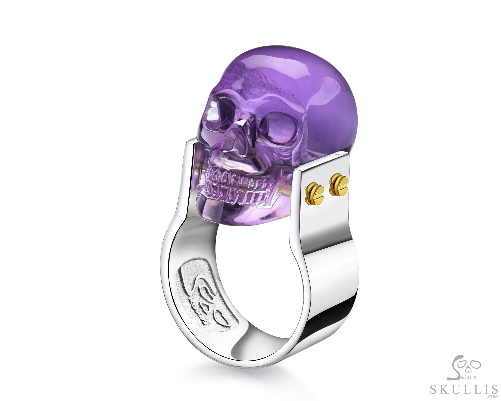 Gemstone Amethyst Hand Carved Crystal Skull Ring, Skull Jewelry