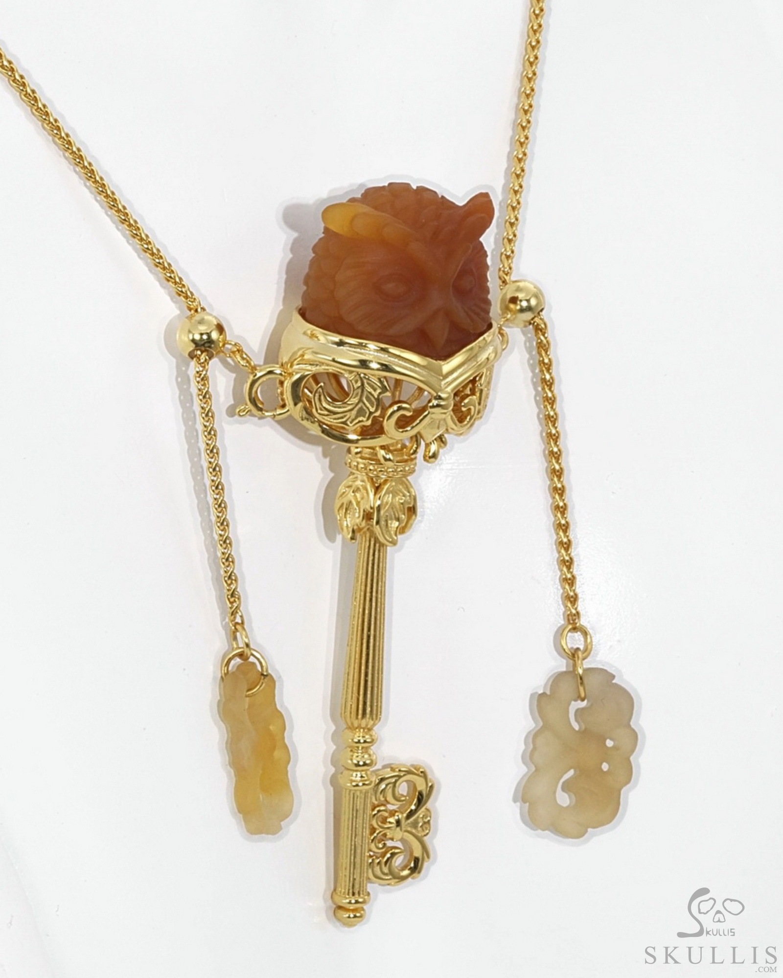 Gem Owl Pendant Necklace of Carnelian Carved Owl in 18K Gold-Plated 925 Silver Gem Owl Pendant Necklace of Carnelian Carved Owl in 18K Gold-Plated 925 Silver