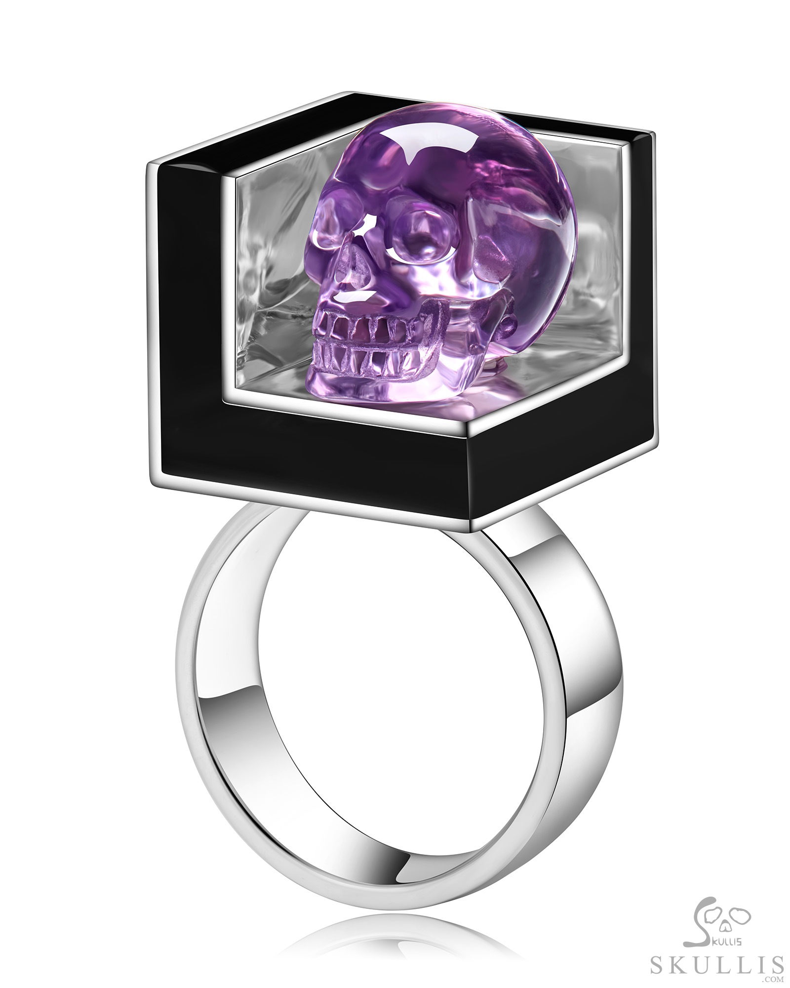 The Unspoken Oasis - Amethyst Hand Carved Skull in Black Enamel set on a 925 Sterling Silver Ring, Crystal Healing Skull Jewelry, for Women & Men The Unspoken Oasis - Amethyst Hand Carved Skull in Black Enamel set on a 925 Sterling Silver Ring, Crystal Healing Skull Jewelry, for Women & Men