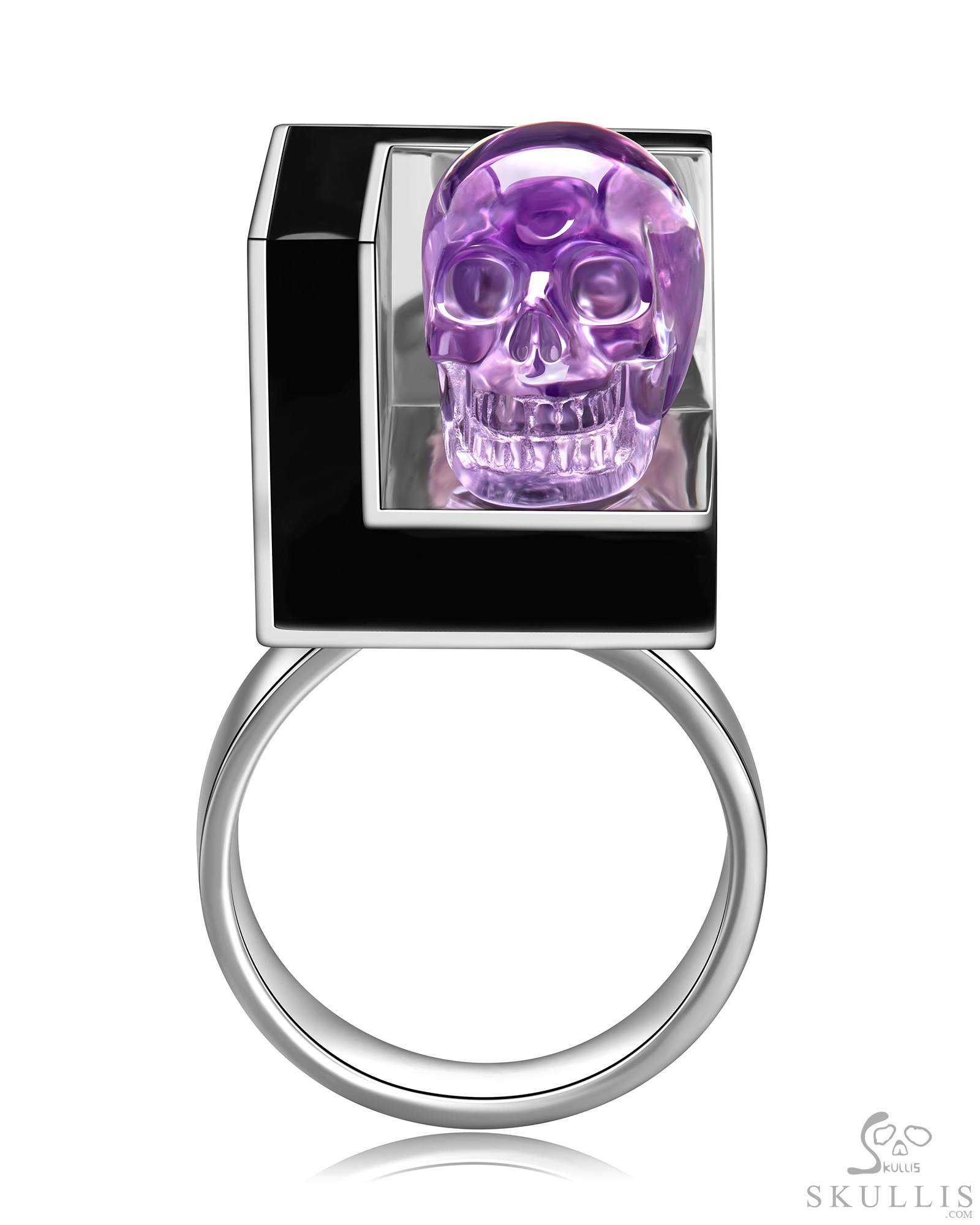 The Unspoken Oasis - Amethyst Hand Carved Skull in Black Enamel set on a 925 Sterling Silver Ring, Crystal Healing Skull Jewelry, for Women & Men The Unspoken Oasis - Amethyst Hand Carved Skull in Black Enamel set on a 925 Sterling Silver Ring, Crystal Healing Skull Jewelry, for Women & Men