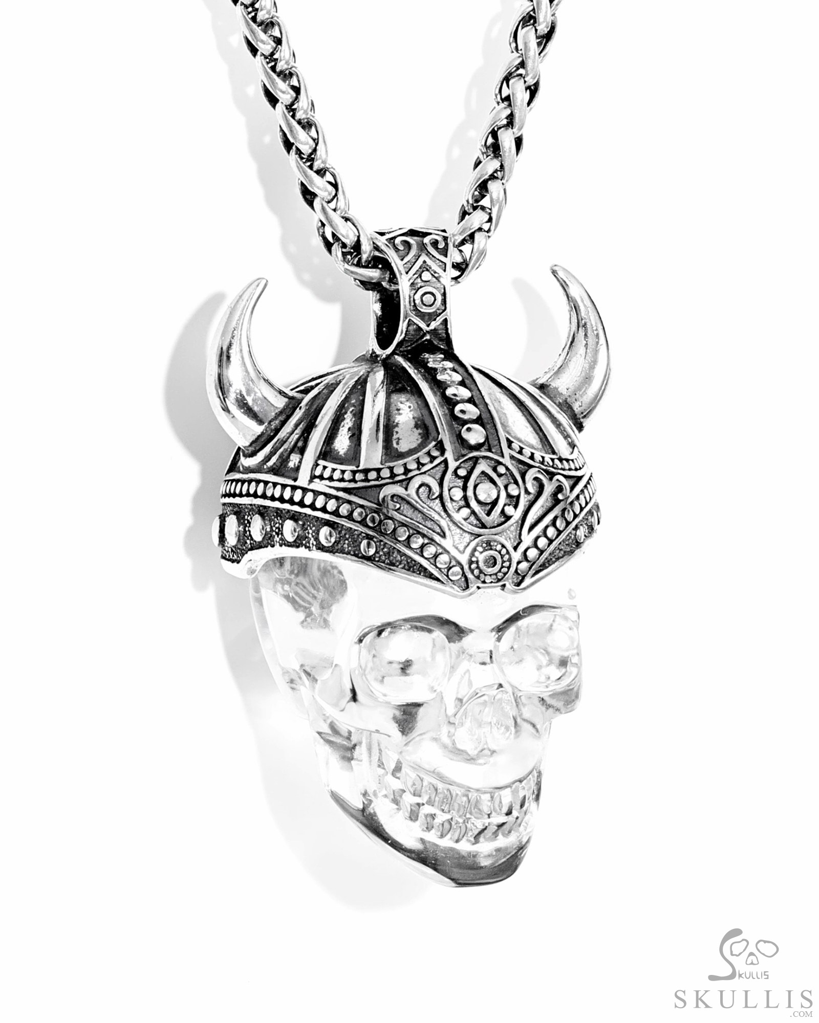 Necklace of 1.3" Quartz Rock Crystal Hand Carved Viking Crystal Skull Pendant, Skull Jewelry Necklace of 1.3" Quartz Rock Crystal Hand Carved Viking Crystal Skull Pendant, Skull Jewelry