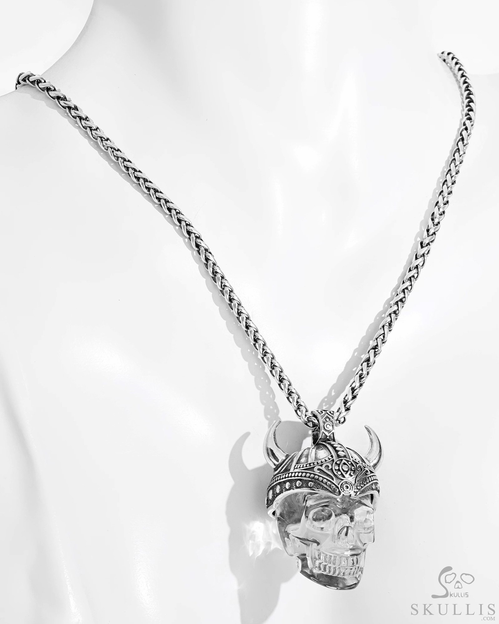 Necklace of 1.3" Quartz Rock Crystal Hand Carved Viking Crystal Skull Pendant, Skull Jewelry Necklace of 1.3" Quartz Rock Crystal Hand Carved Viking Crystal Skull Pendant, Skull Jewelry