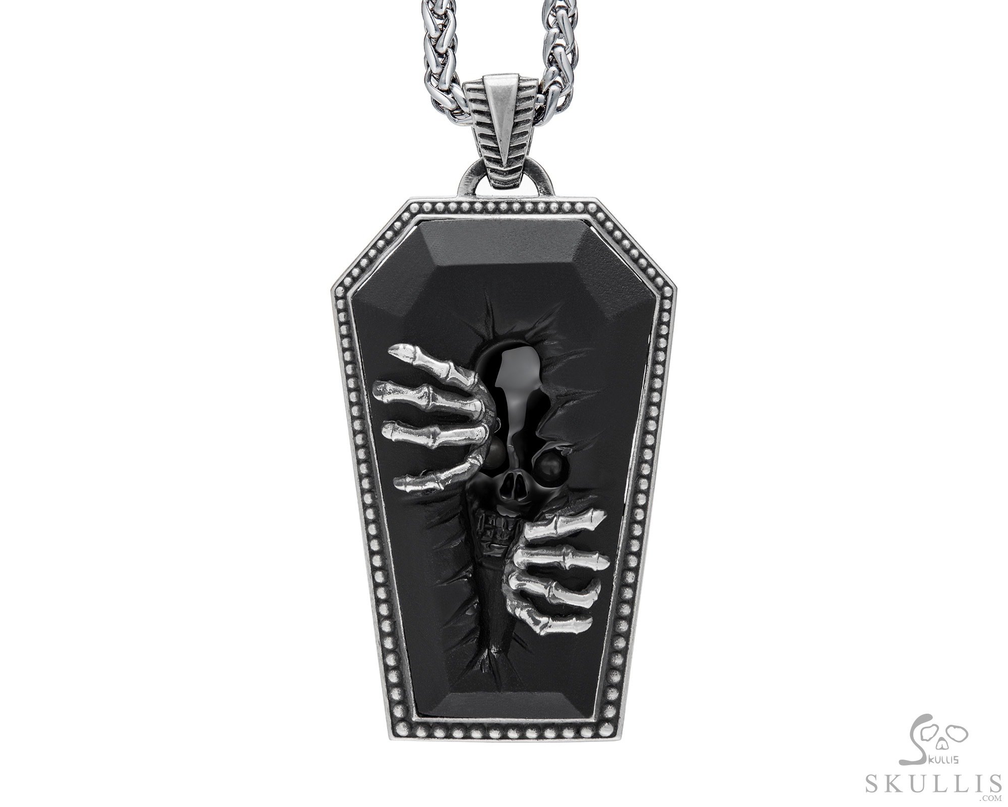 Necklace of 2.1" Black Obsidian Hand Carved Crystal Skull & 925 Sterling Silver Pharaoh’s Coffin Necklace of 2.1" Black Obsidian Hand Carved Crystal Skull & 925 Sterling Silver Pharaoh’s Coffin