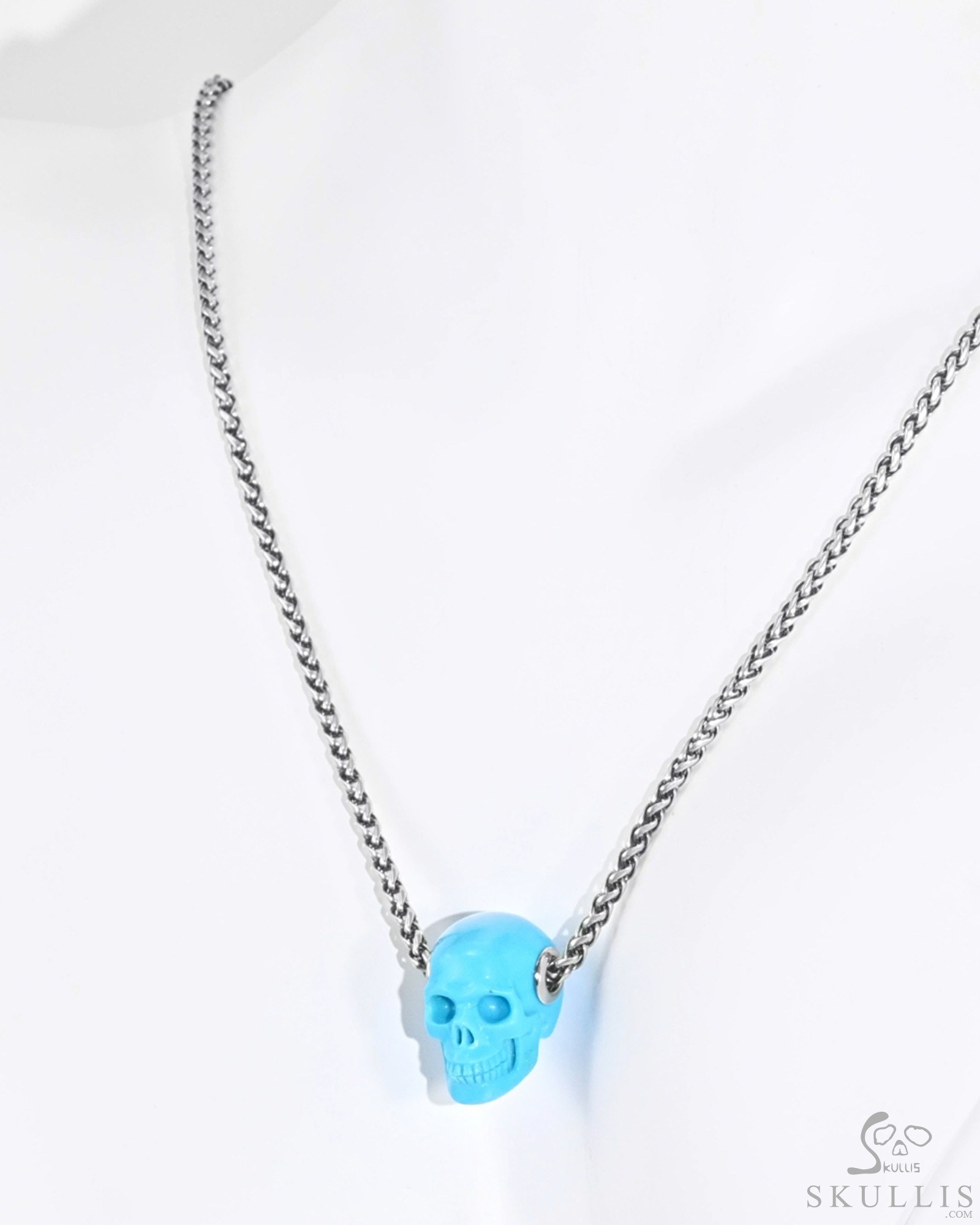 Gemstone Necklace of 0.9" Turquoise Hand Carved Crystal Skull Pendant, Skull Jewelry Gemstone Necklace of 0.9" Turquoise Hand Carved Crystal Skull Pendant, Skull Jewelry