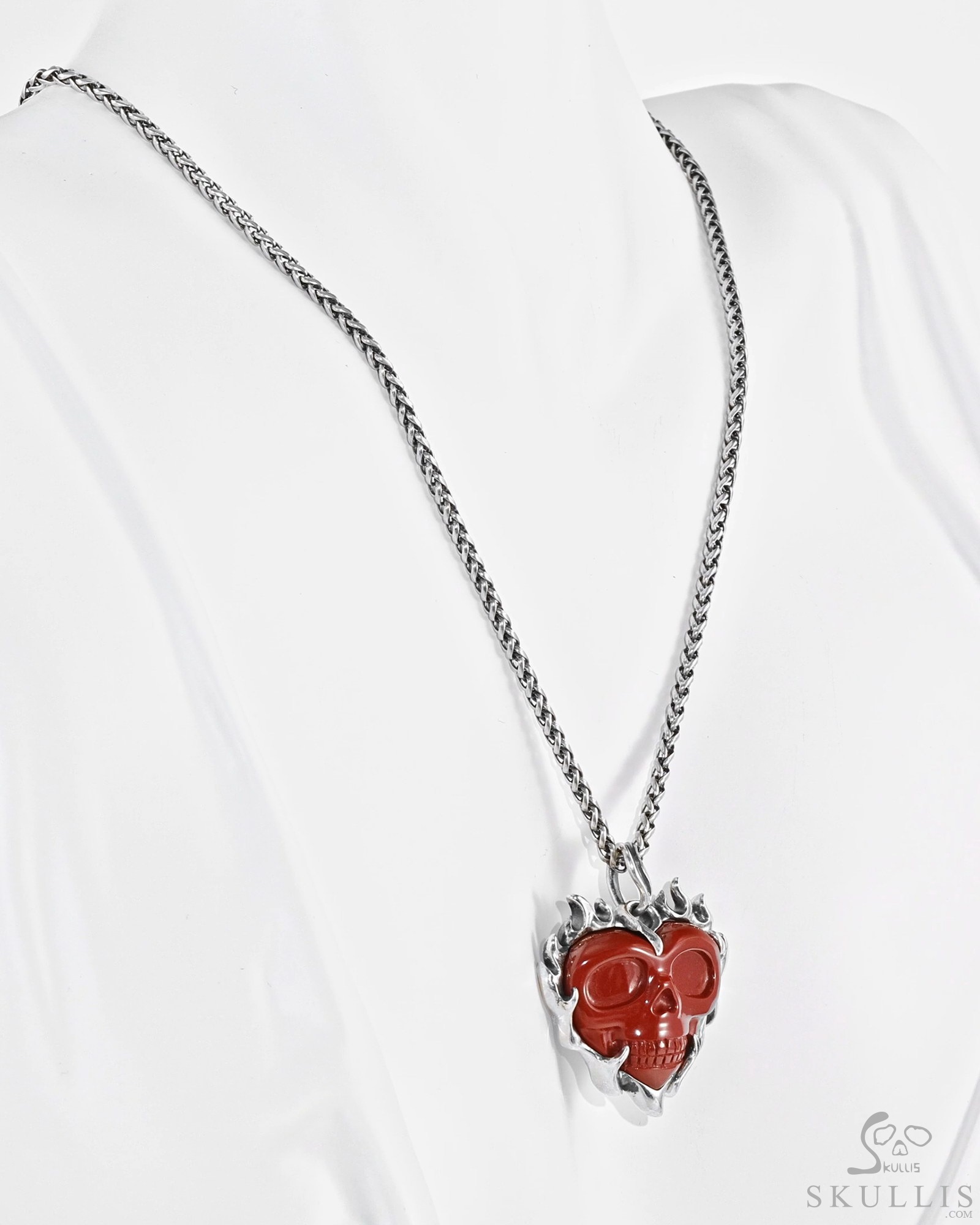 Necklace of 1.5" Red Jasper Hand Carved Heart Crystal Skull Pendant, Skull Jewelry Necklace of 1.5" Red Jasper Hand Carved Heart Crystal Skull Pendant, Skull Jewelry