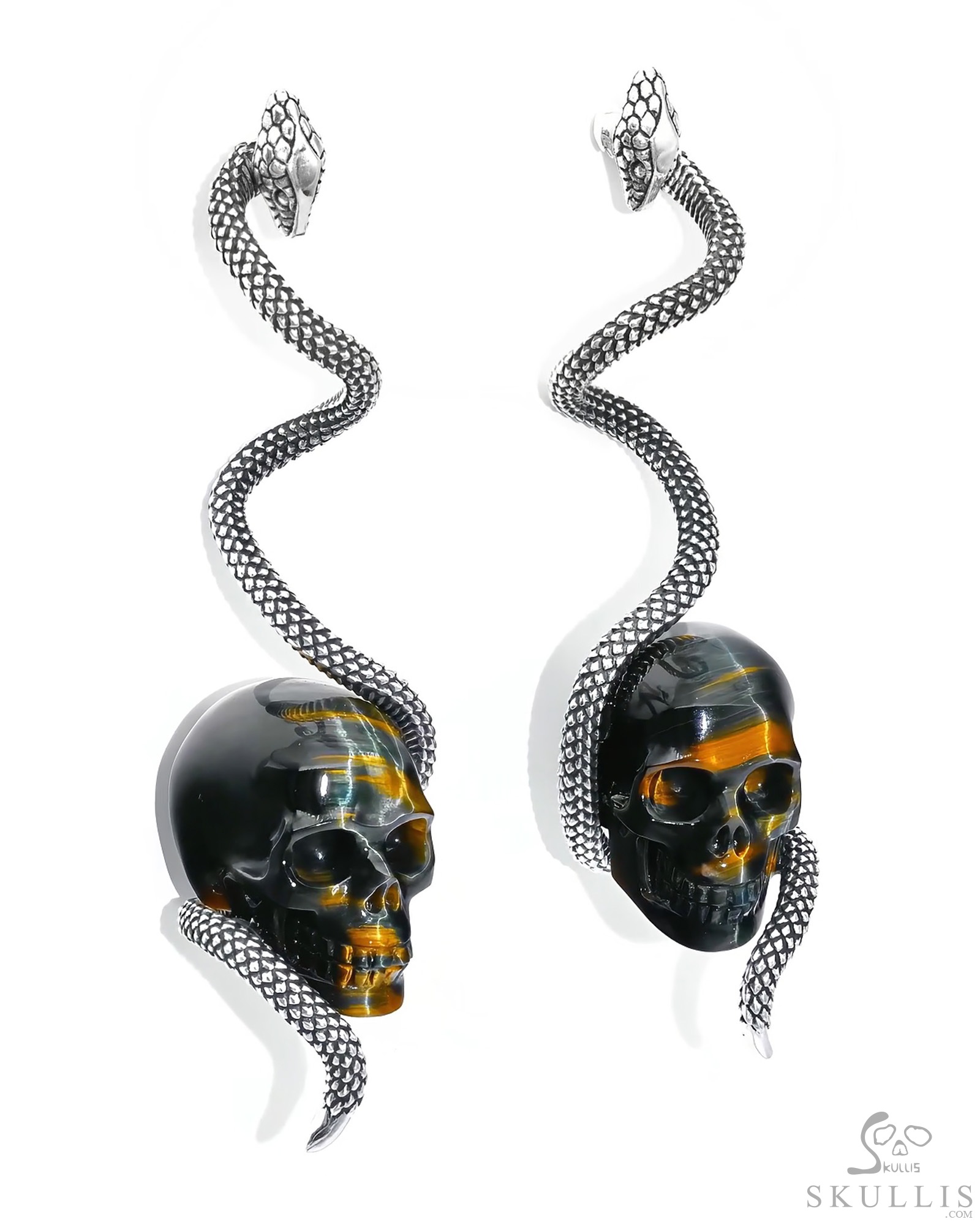 Gemstone  Blue & Gold Tiger's Eye Hand Carved Crystal Skull Earring, Skull Jewelry Gemstone  Blue & Gold Tiger's Eye Hand Carved Crystal Skull Earring, Skull Jewelry