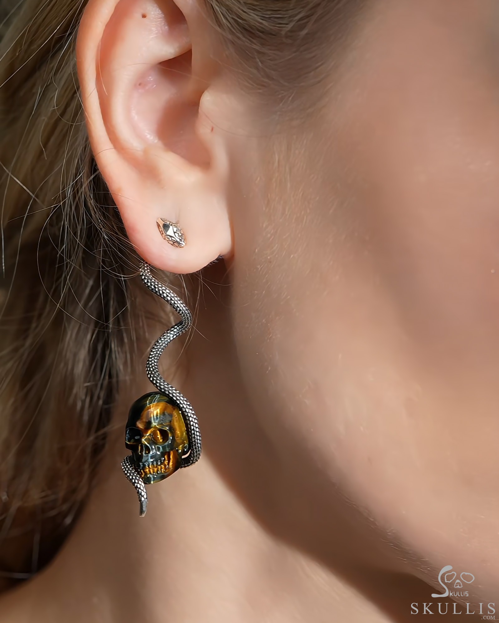 Gemstone  Blue & Gold Tiger's Eye Hand Carved Crystal Skull Earring, Skull Jewelry Gemstone  Blue & Gold Tiger's Eye Hand Carved Crystal Skull Earring, Skull Jewelry