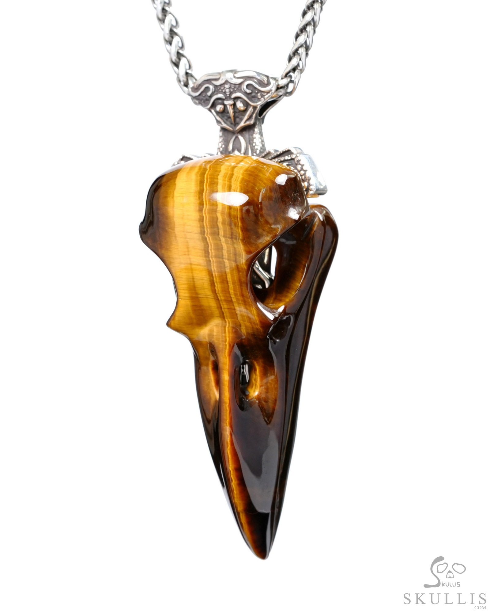 The Messenger's Blade Necklace Set - Necklace of 2.8" Gold Tiger's Eye Hand Carved Crystal Skull Raven Pendant with Sword, Skull Jewelry The Messenger's Blade Necklace Set - Necklace of 2.8" Gold Tiger's Eye Hand Carved Crystal Skull Raven Pendant with Sword, Skull Jewelry