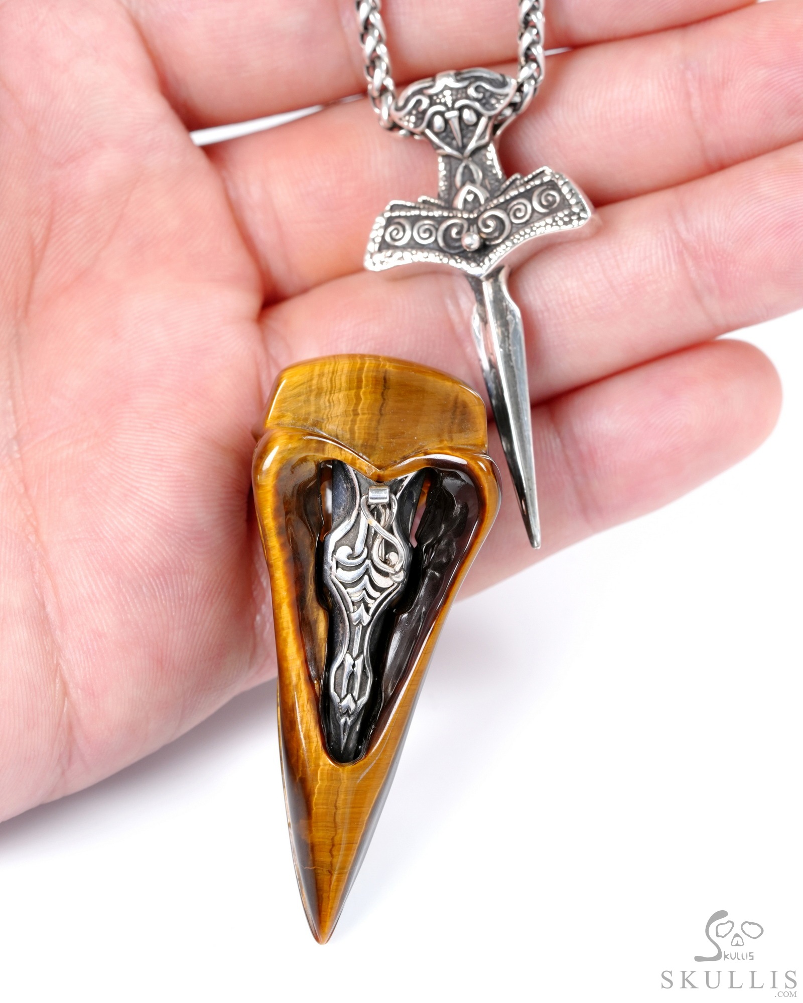 The Messenger's Blade Necklace Set - Necklace of 2.8" Gold Tiger's Eye Hand Carved Crystal Skull Raven Pendant with Sword, Skull Jewelry The Messenger's Blade Necklace Set - Necklace of 2.8" Gold Tiger's Eye Hand Carved Crystal Skull Raven Pendant with Sword, Skull Jewelry