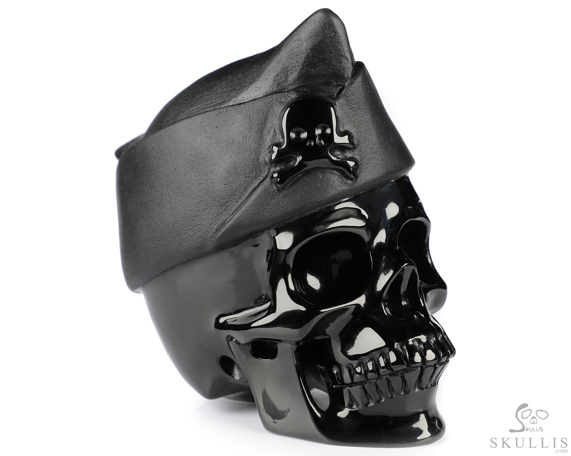5.1" Black Obsidian Hand Carved Crystal Skull and Navy Cap Fine Art Sculpture, Crystal Healing 5.1" Black Obsidian Hand Carved Crystal Skull and Navy Cap Fine Art Sculpture, Crystal Healing