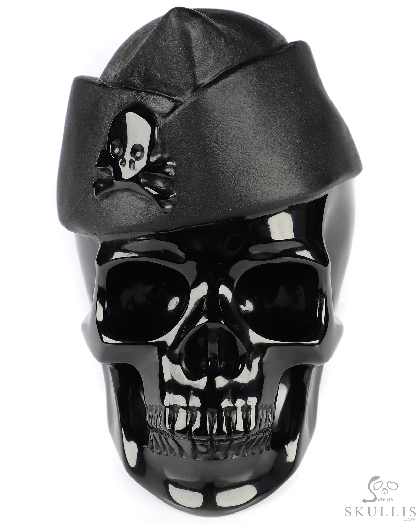 5.1" Black Obsidian Hand Carved Crystal Skull and Navy Cap Fine Art Sculpture, Crystal Healing 5.1" Black Obsidian Hand Carved Crystal Skull and Navy Cap Fine Art Sculpture, Crystal Healing