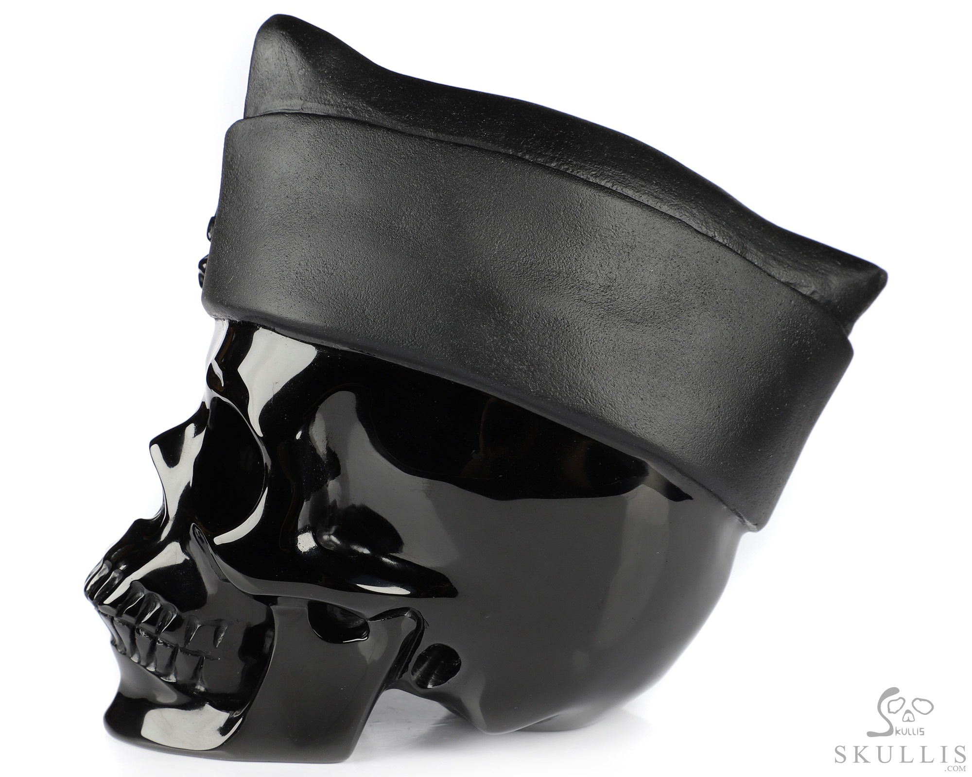 5.1" Black Obsidian Hand Carved Crystal Skull and Navy Cap Fine Art Sculpture, Crystal Healing 5.1" Black Obsidian Hand Carved Crystal Skull and Navy Cap Fine Art Sculpture, Crystal Healing