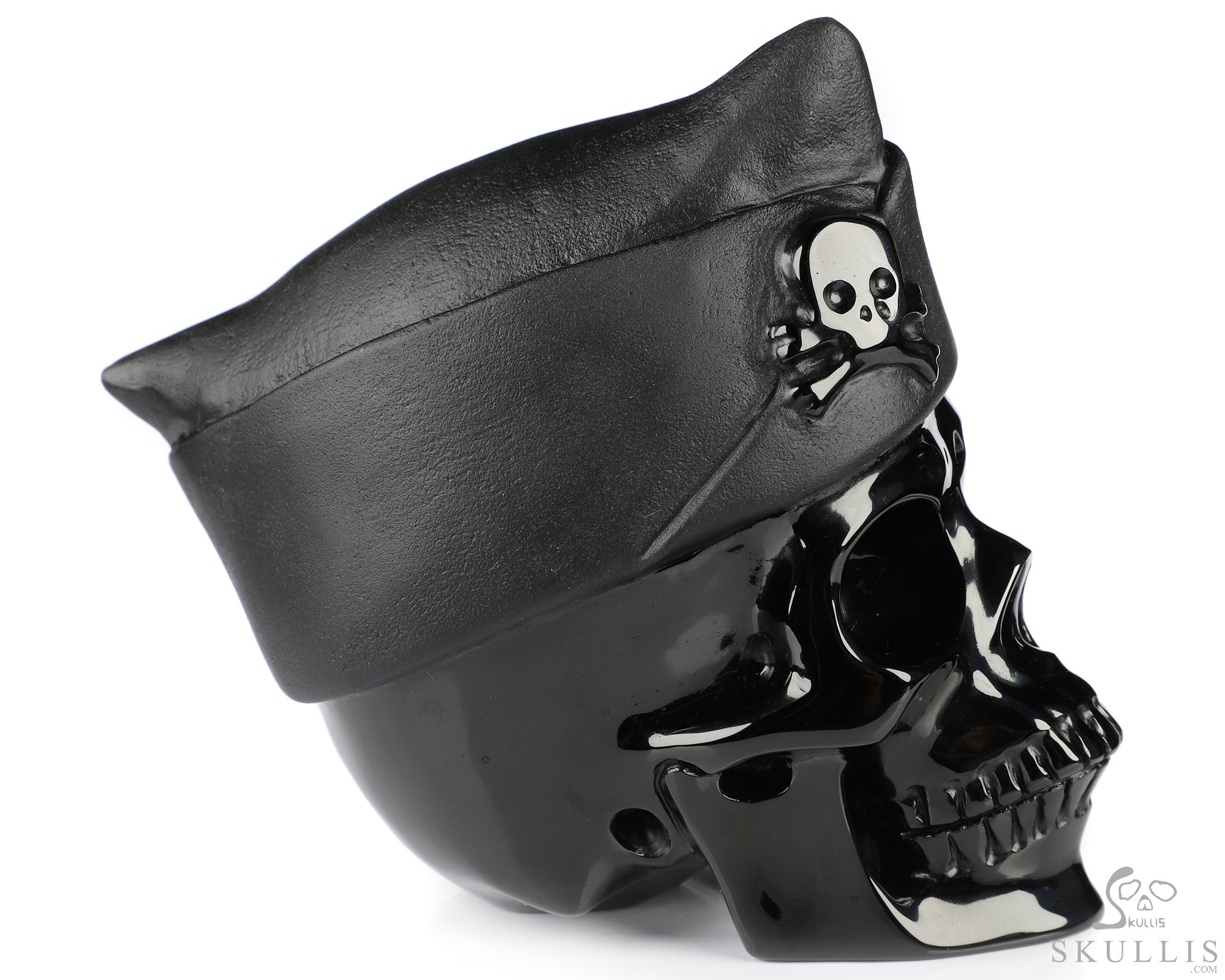 5.1" Black Obsidian Hand Carved Crystal Skull and Navy Cap Fine Art Sculpture, Crystal Healing 5.1" Black Obsidian Hand Carved Crystal Skull and Navy Cap Fine Art Sculpture, Crystal Healing