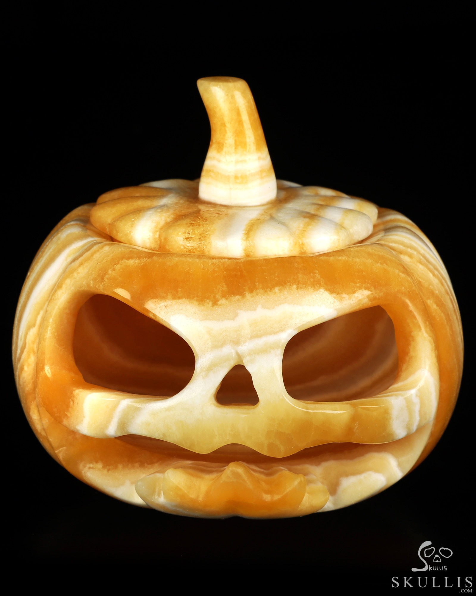 4.1" Beeswax Jade Hand Carved Hollow Jack-O'-Lantern Pumpkin Crystal Skull Sculpture, Crystal Healing 4.1" Beeswax Jade Hand Carved Hollow Jack-O'-Lantern Pumpkin Crystal Skull Sculpture, Crystal Healing