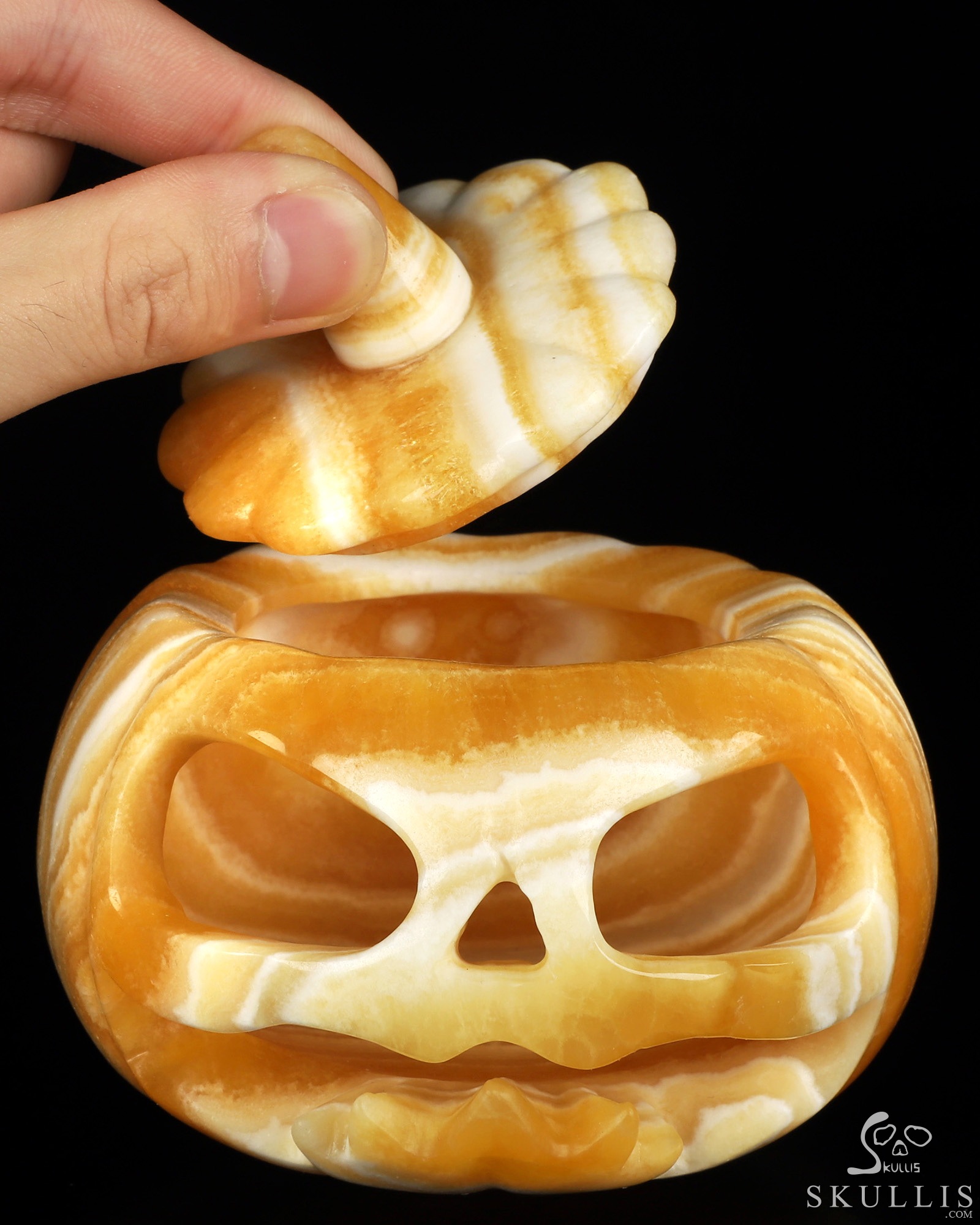 4.1" Beeswax Jade Hand Carved Hollow Jack-O'-Lantern Pumpkin Crystal Skull Sculpture, Crystal Healing 4.1" Beeswax Jade Hand Carved Hollow Jack-O'-Lantern Pumpkin Crystal Skull Sculpture, Crystal Healing