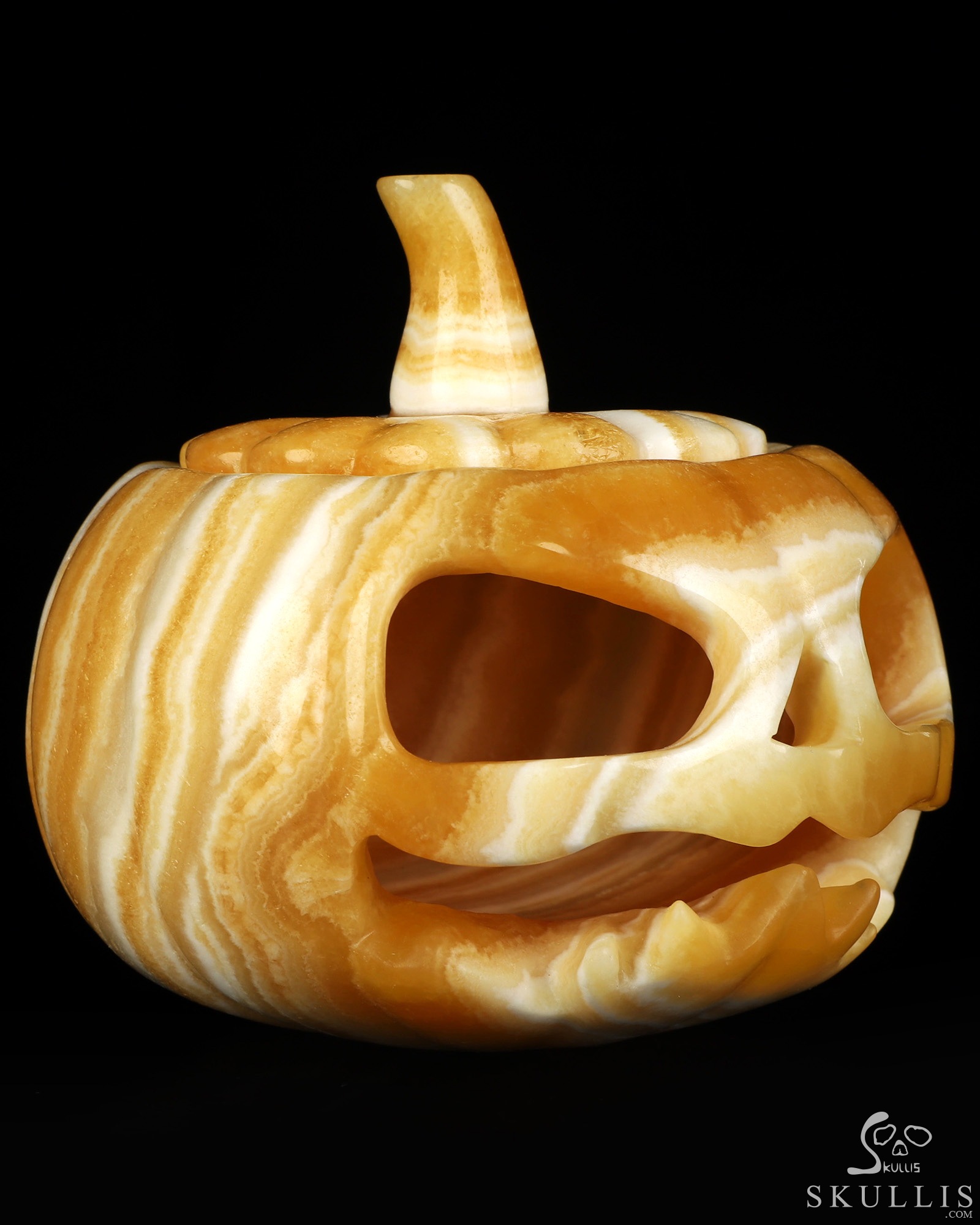 4.1" Beeswax Jade Hand Carved Hollow Jack-O'-Lantern Pumpkin Crystal Skull Sculpture, Crystal Healing 4.1" Beeswax Jade Hand Carved Hollow Jack-O'-Lantern Pumpkin Crystal Skull Sculpture, Crystal Healing