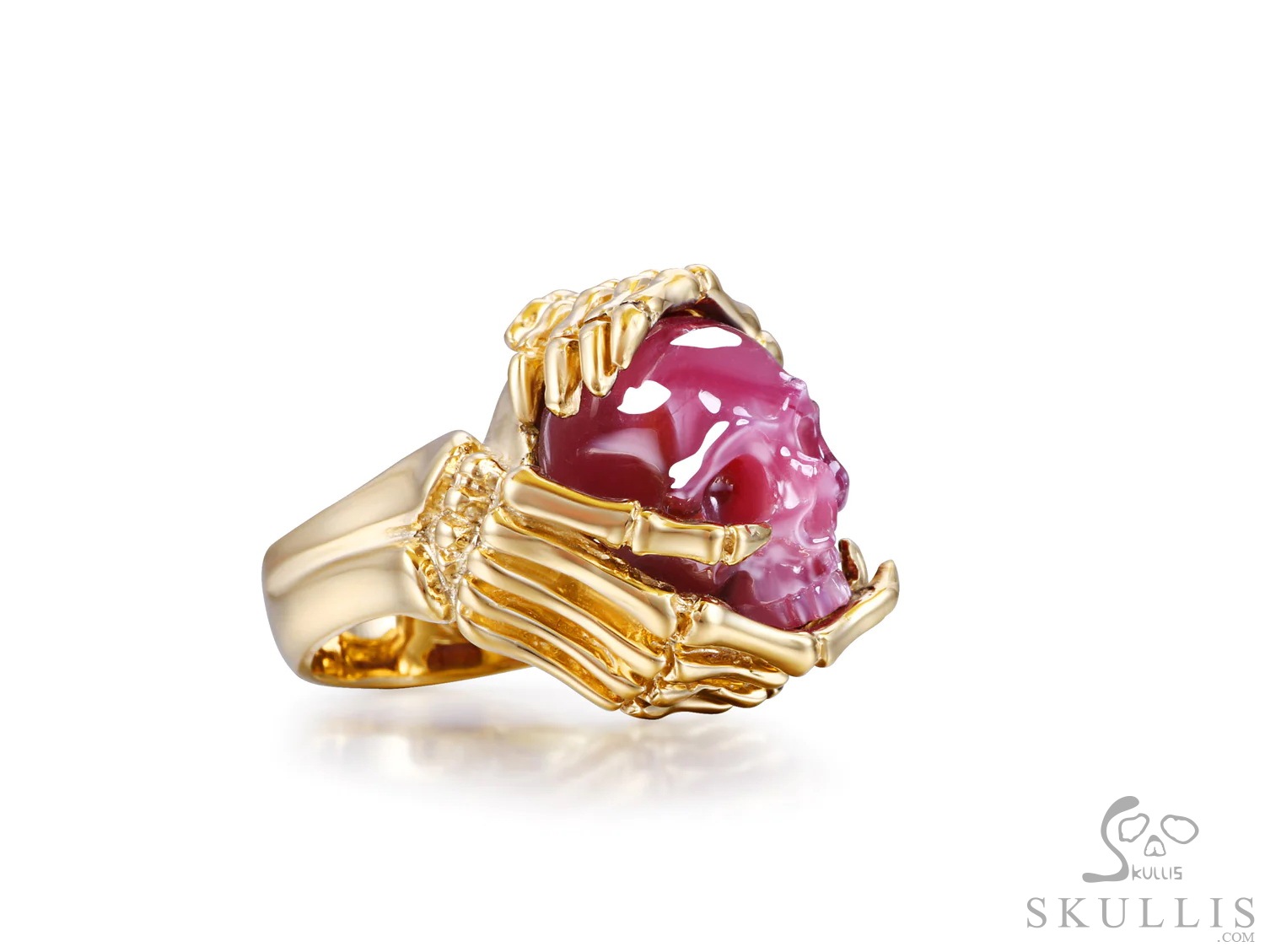Embrace of Love - Gem Skull Ring of Ruby Hand Carved Crystal Skull with Skeletal Hands in 18K Gold, Crystal Healing Skull Jewelry, for Women & Men Embrace of Love - Gem Skull Ring of Ruby Hand Carved Crystal Skull with Skeletal Hands in 18K Gold, Crystal Healing Skull Jewelry, for Women & Men