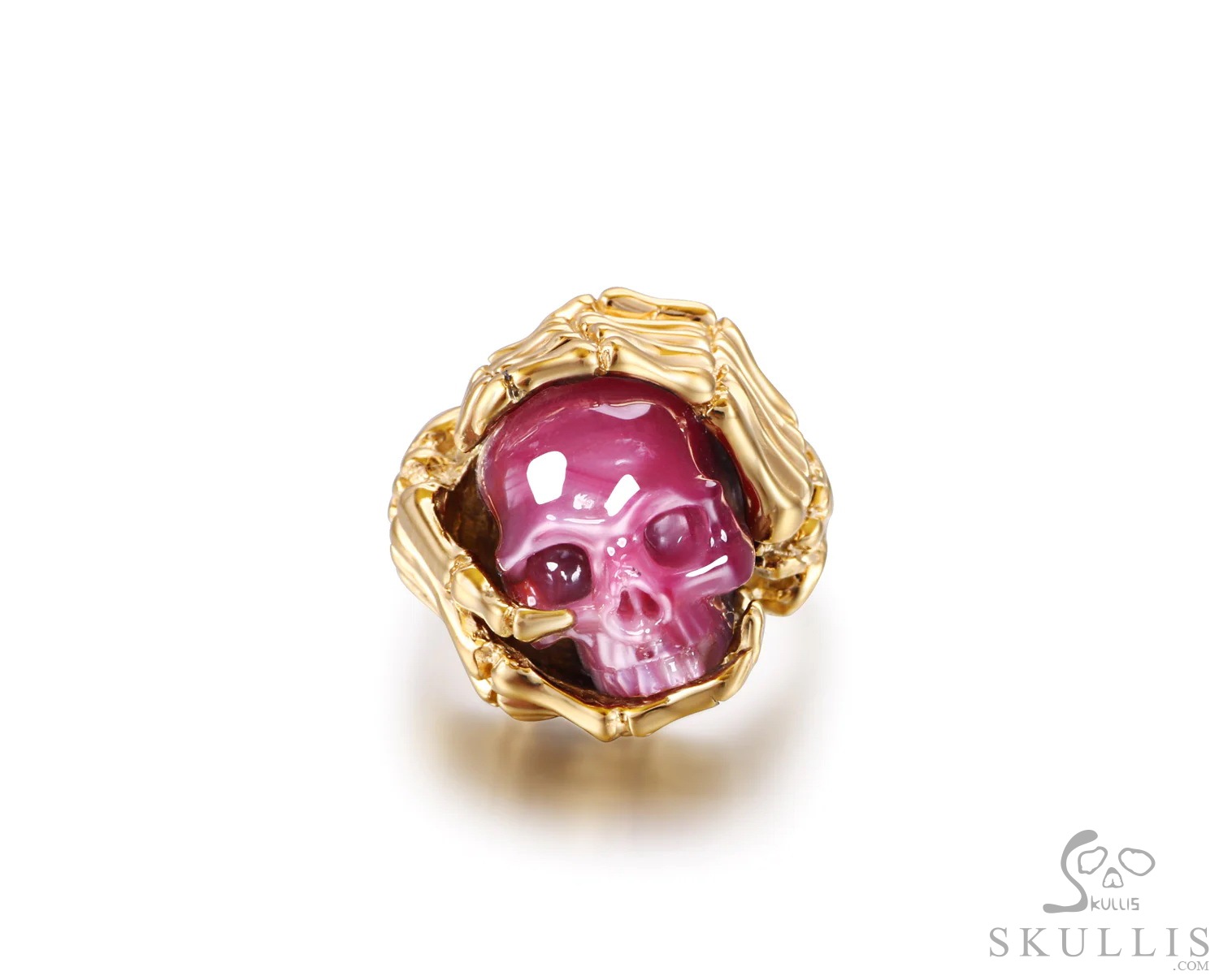 Embrace of Love - Gem Skull Ring of Ruby Hand Carved Crystal Skull with Skeletal Hands in 18K Gold, Crystal Healing Skull Jewelry, for Women & Men Embrace of Love - Gem Skull Ring of Ruby Hand Carved Crystal Skull with Skeletal Hands in 18K Gold, Crystal Healing Skull Jewelry, for Women & Men