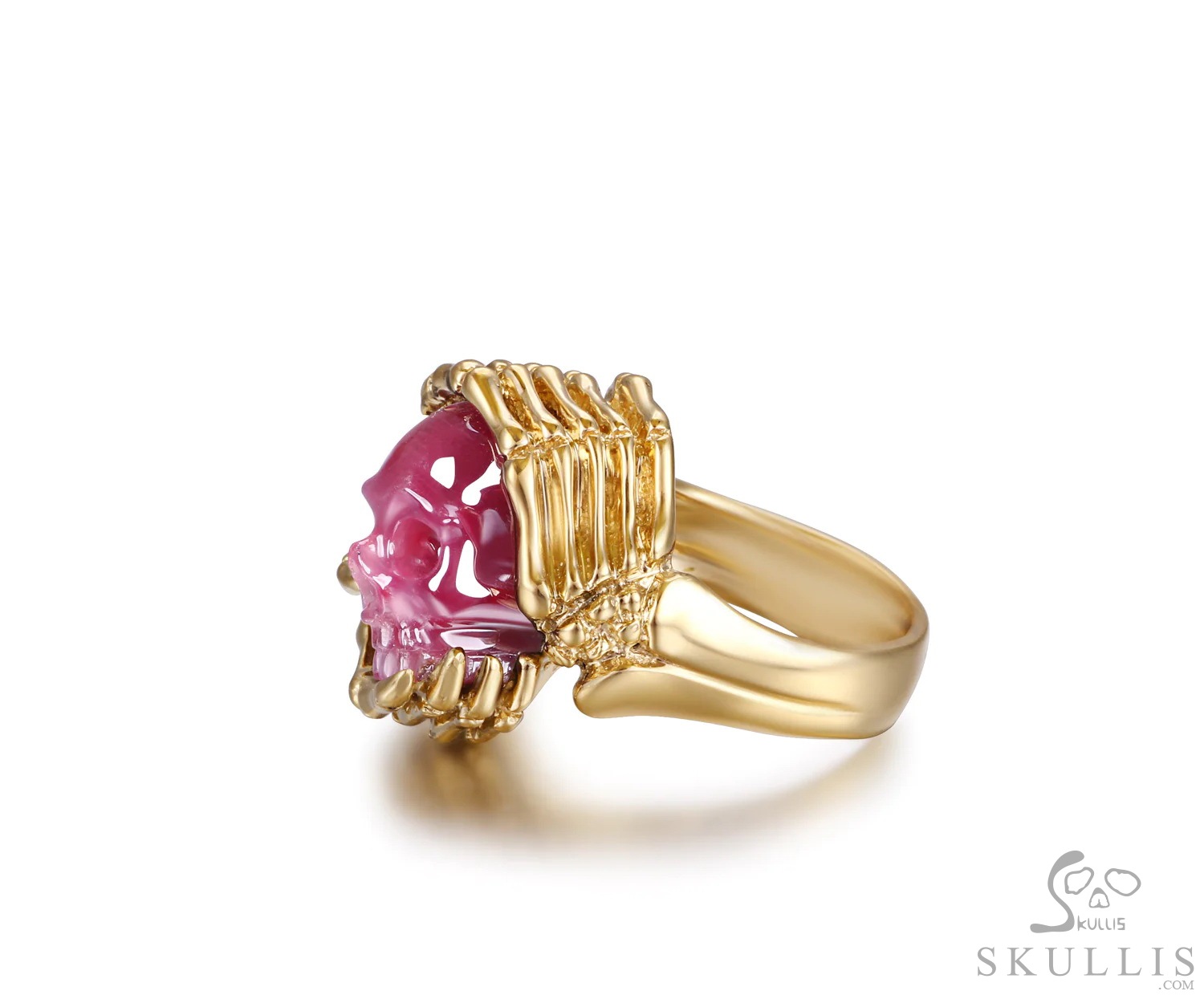 Embrace of Love - Gem Skull Ring of Ruby Hand Carved Crystal Skull with Skeletal Hands in 18K Gold, Crystal Healing Skull Jewelry, for Women & Men Embrace of Love - Gem Skull Ring of Ruby Hand Carved Crystal Skull with Skeletal Hands in 18K Gold, Crystal Healing Skull Jewelry, for Women & Men