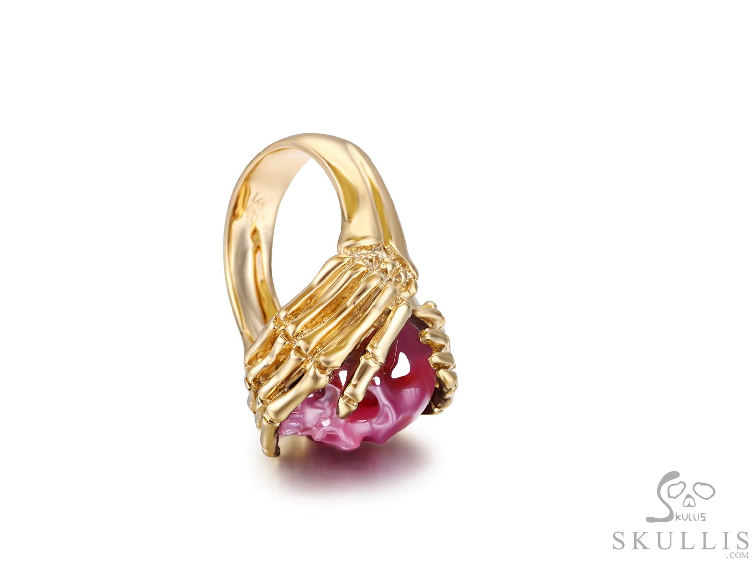 Embrace of Love - Gem Skull Ring of Ruby Hand Carved Crystal Skull with Skeletal Hands in 18K Gold, Crystal Healing Skull Jewelry, for Women & Men Embrace of Love - Gem Skull Ring of Ruby Hand Carved Crystal Skull with Skeletal Hands in 18K Gold, Crystal Healing Skull Jewelry, for Women & Men