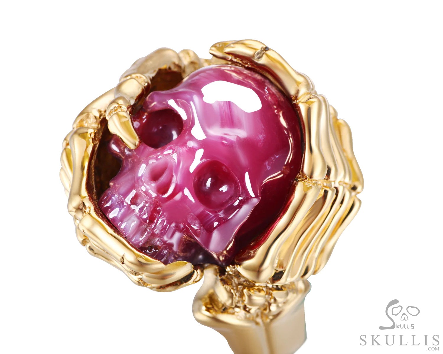 Embrace of Love - Gem Skull Ring of Ruby Hand Carved Crystal Skull with Skeletal Hands in 18K Gold, Crystal Healing Skull Jewelry, for Women & Men Embrace of Love - Gem Skull Ring of Ruby Hand Carved Crystal Skull with Skeletal Hands in 18K Gold, Crystal Healing Skull Jewelry, for Women & Men