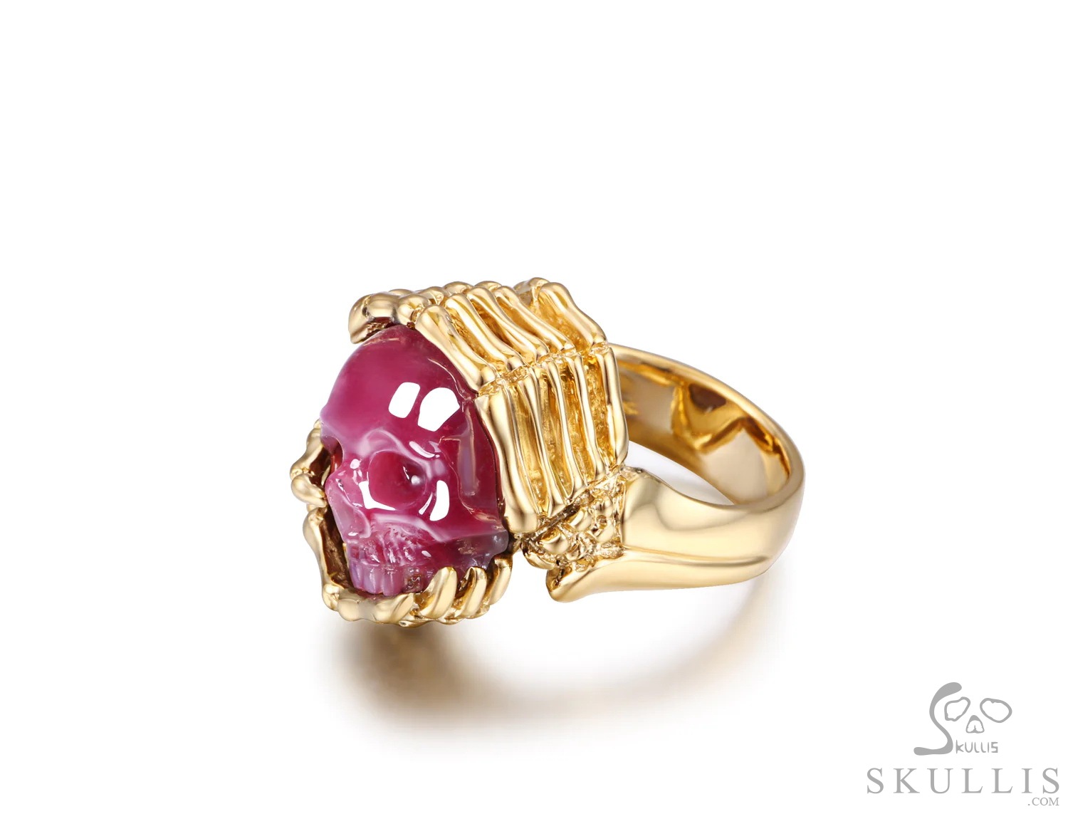 Embrace of Love - Gem Skull Ring of Ruby Hand Carved Crystal Skull with Skeletal Hands in 18K Gold, Crystal Healing Skull Jewelry, for Women & Men Embrace of Love - Gem Skull Ring of Ruby Hand Carved Crystal Skull with Skeletal Hands in 18K Gold, Crystal Healing Skull Jewelry, for Women & Men
