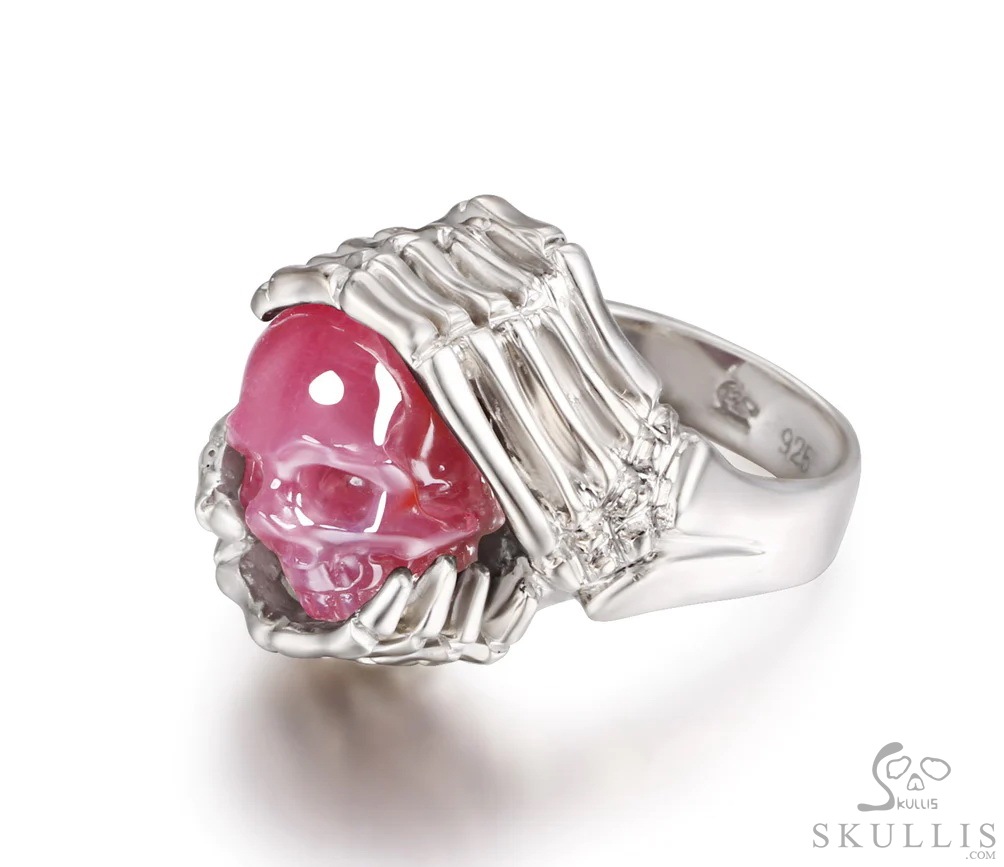 Embrace of Love - Gem Skull Ring of Ruby Hand Carved Crystal Skull with Skeletal Hands in 925 Sterling Silver, Crystal Healing Skull Jewelry, for Women & Men Embrace of Love - Gem Skull Ring of Ruby Hand Carved Crystal Skull with Skeletal Hands in 925 Sterling Silver, Crystal Healing Skull Jewelry, for Women & Men