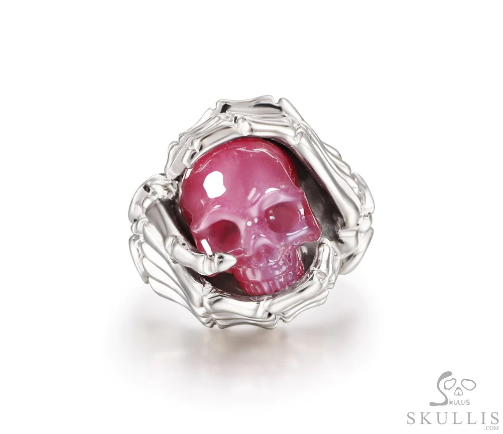 Embrace of Love - Gem Skull Ring of Ruby Hand Carved Crystal Skull with Skeletal Hands in 925 Sterling Silver, Crystal Healing Skull Jewelry, for Women & Men Embrace of Love - Gem Skull Ring of Ruby Hand Carved Crystal Skull with Skeletal Hands in 925 Sterling Silver, Crystal Healing Skull Jewelry, for Women & Men