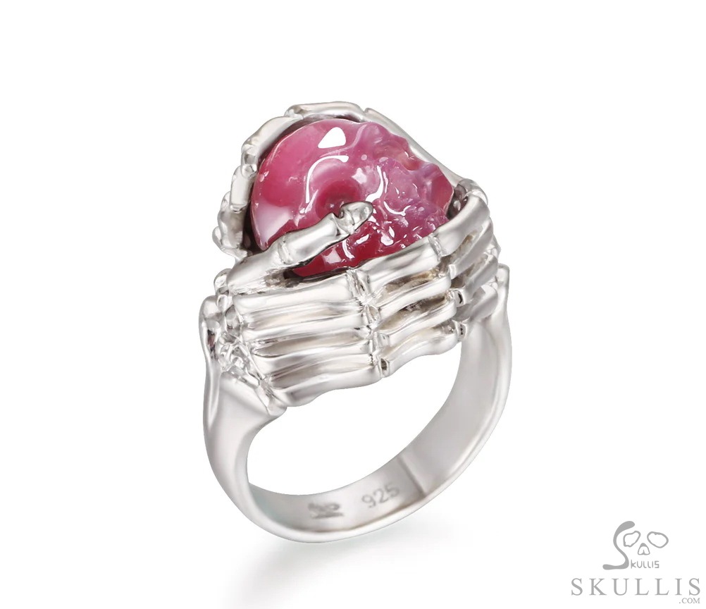 Embrace of Love - Gem Skull Ring of Ruby Hand Carved Crystal Skull with Skeletal Hands in 925 Sterling Silver, Crystal Healing Skull Jewelry, for Women & Men Embrace of Love - Gem Skull Ring of Ruby Hand Carved Crystal Skull with Skeletal Hands in 925 Sterling Silver, Crystal Healing Skull Jewelry, for Women & Men