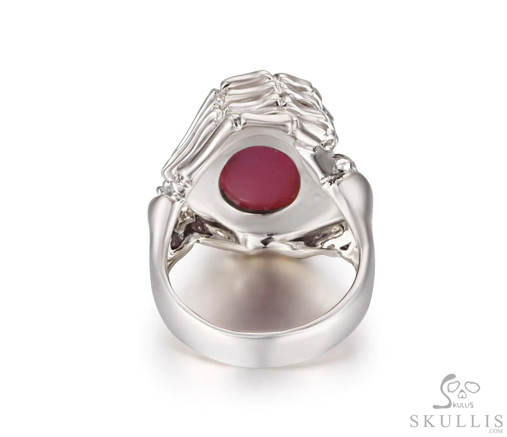 Embrace of Love - Gem Skull Ring of Ruby Hand Carved Crystal Skull with Skeletal Hands in 925 Sterling Silver, Crystal Healing Skull Jewelry, for Women & Men Embrace of Love - Gem Skull Ring of Ruby Hand Carved Crystal Skull with Skeletal Hands in 925 Sterling Silver, Crystal Healing Skull Jewelry, for Women & Men
