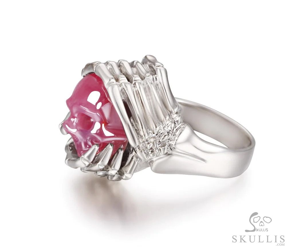 Embrace of Love - Gem Skull Ring of Ruby Hand Carved Crystal Skull with Skeletal Hands in 925 Sterling Silver, Crystal Healing Skull Jewelry, for Women & Men Embrace of Love - Gem Skull Ring of Ruby Hand Carved Crystal Skull with Skeletal Hands in 925 Sterling Silver, Crystal Healing Skull Jewelry, for Women & Men