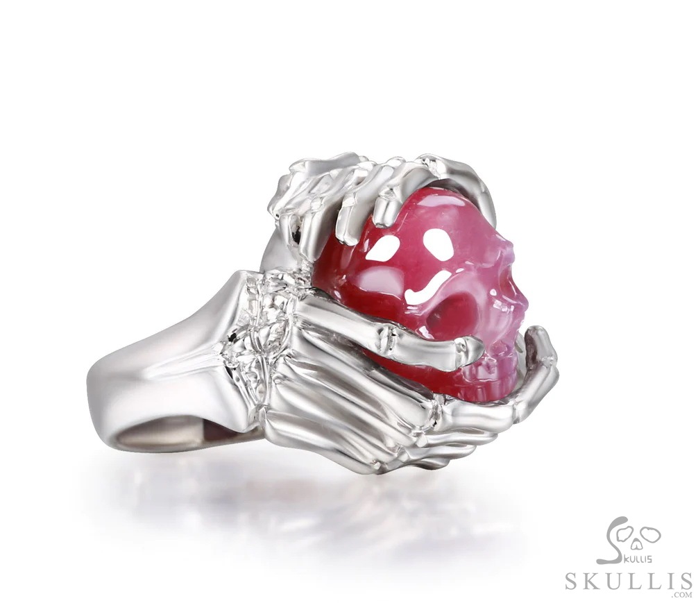 Embrace of Love - Gem Skull Ring of Ruby Hand Carved Crystal Skull with Skeletal Hands in 925 Sterling Silver, Crystal Healing Skull Jewelry, for Women & Men Embrace of Love - Gem Skull Ring of Ruby Hand Carved Crystal Skull with Skeletal Hands in 925 Sterling Silver, Crystal Healing Skull Jewelry, for Women & Men