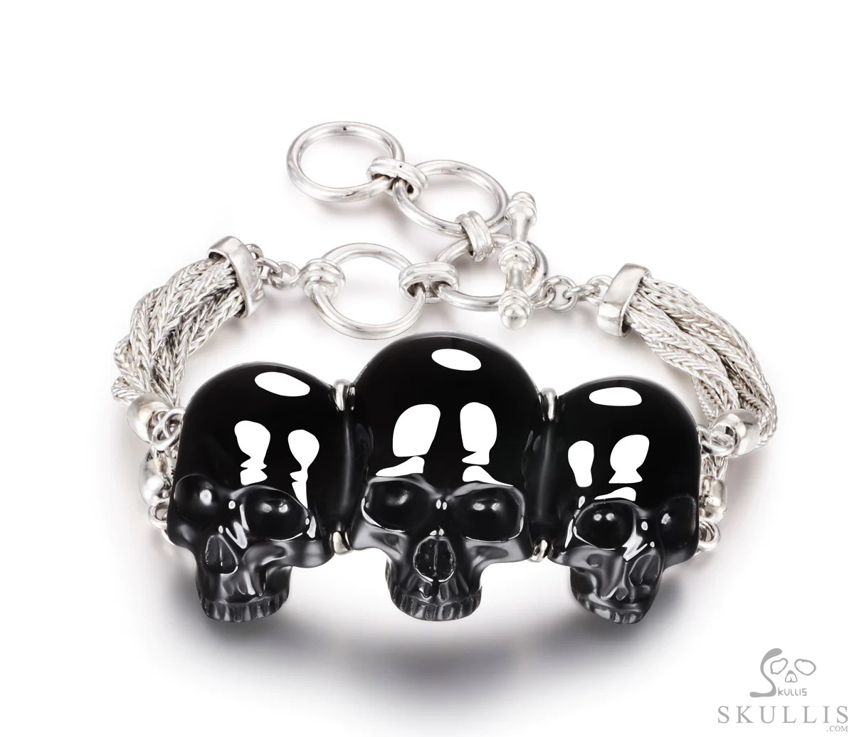 The Weaver of Three - Black Obsidian Hand Carved Adjustable Crystal Skull Bracelet, Crystal Healing Skull Jewelry, for Women & Men The Weaver of Three - Black Obsidian Hand Carved Adjustable Crystal Skull Bracelet, Crystal Healing Skull Jewelry, for Women & Men